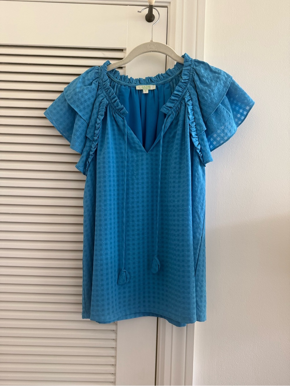 Ruffled V-Neck Flutter Sleeve Top in Teal Blue Jade Melody Tam Medium